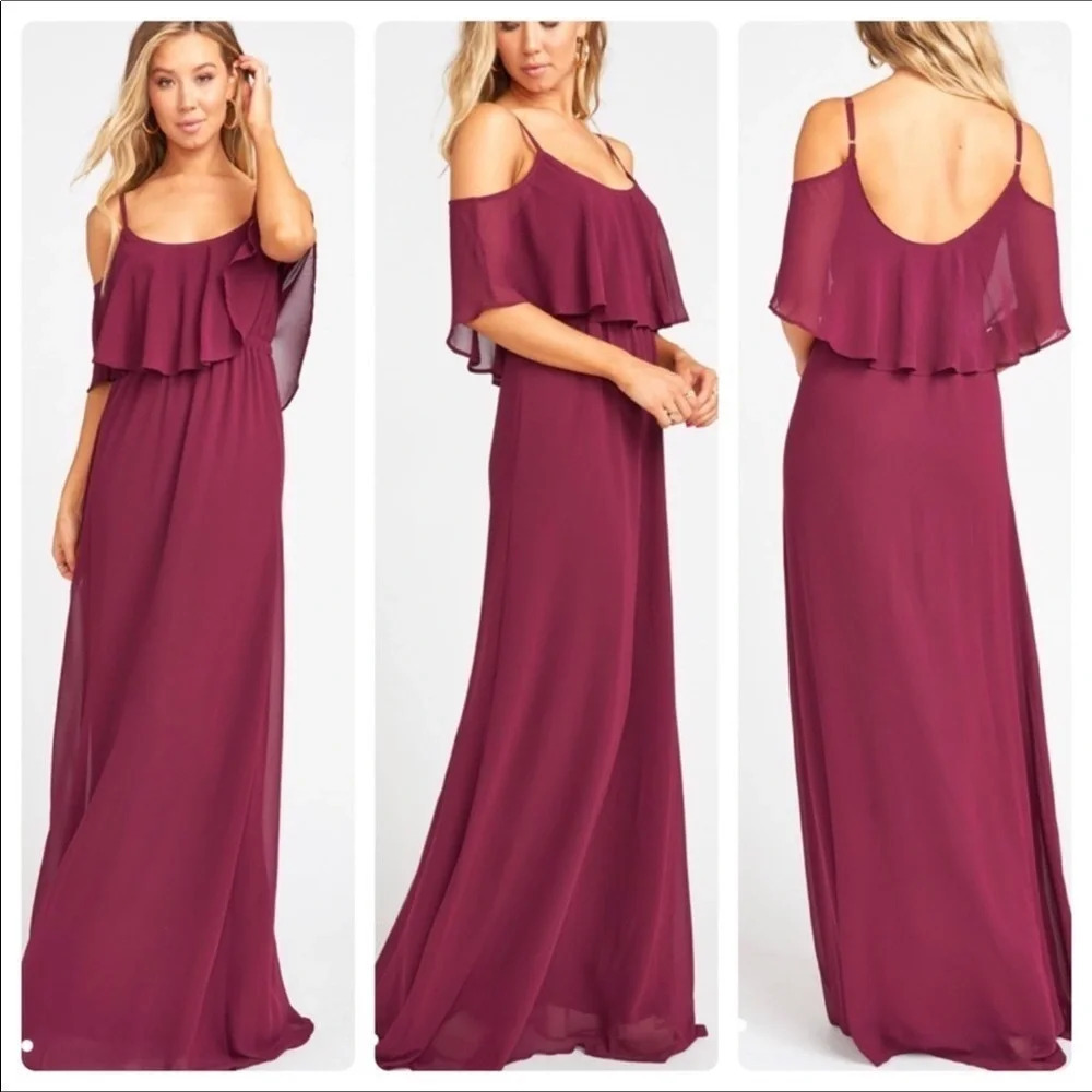 Show Me Your Mumu Caitlin Ruffle Maxi Dress Gown Burgundy Maroon Bridal Long v6x